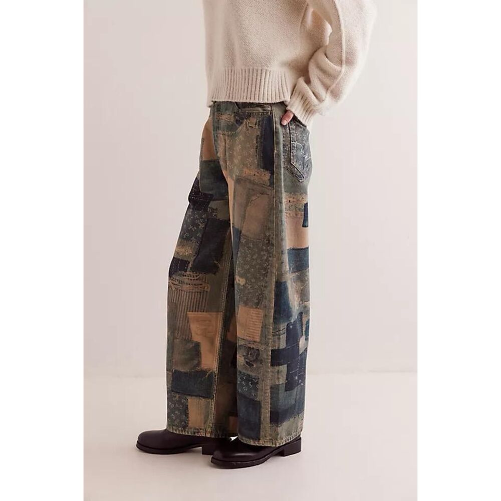 Free People Illusions Patchwork Relaxed Barrel Jeans Indigo